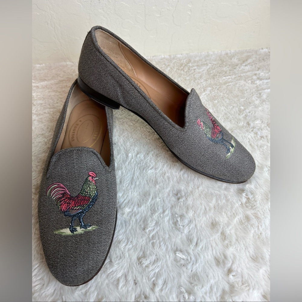 Stubbs & Wootton 10 Women's Loafer Shoes Gray Twill Embroidered Rooster Motif